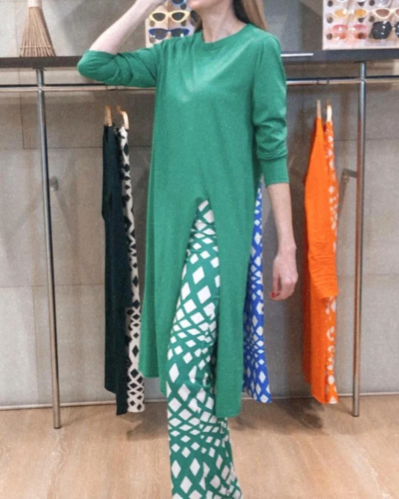 Solid Color Long Sleeve Slit Top & Printed Trousers Casual Two Piece Set