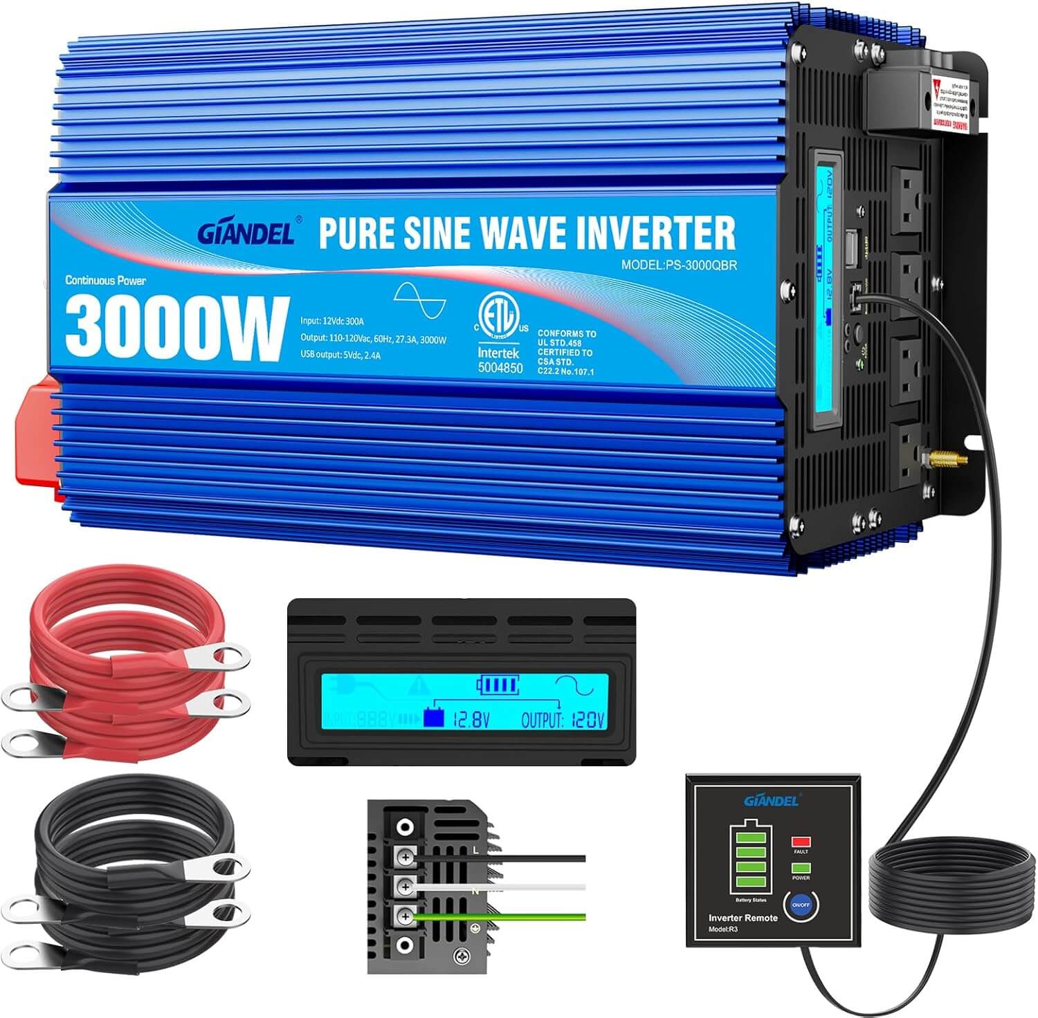 3000W  12V to 120V Pure Sine Wave Inverter | ETL Certified, Remote Control for RV & Home Emergency Power