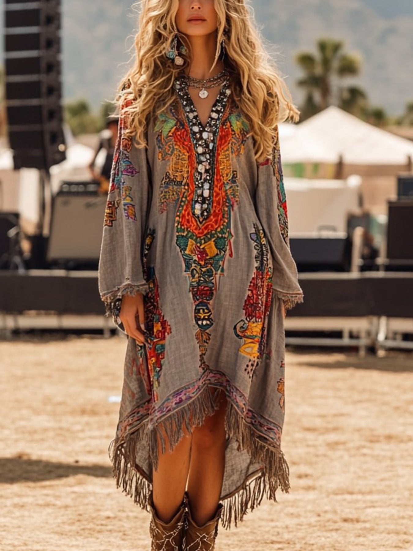 Fringe Hem Notched Long Sleeve Dress mysite idetrend