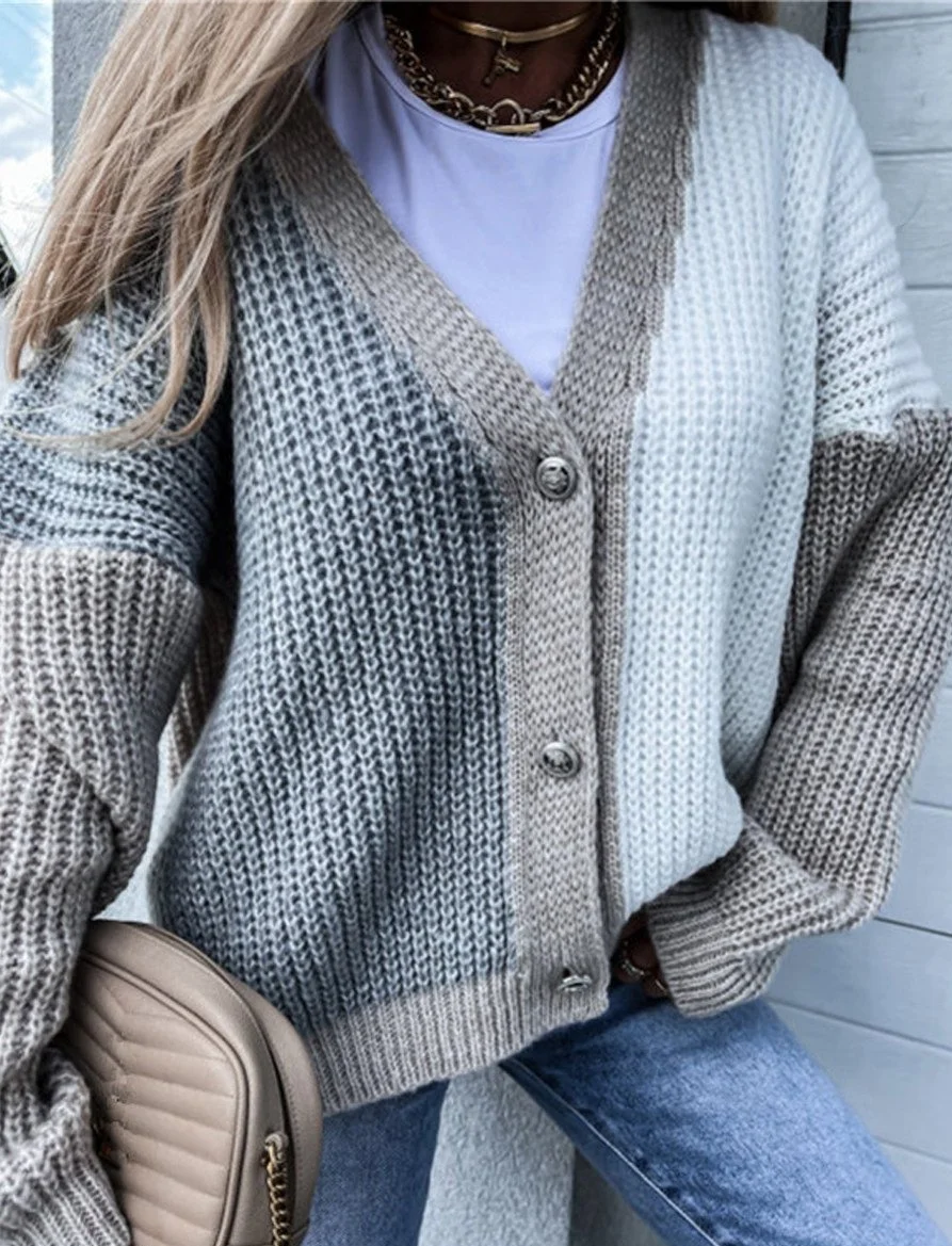 Casual Color Block Stitching Long-Sleeved Sweater Cardigan | IFYHOME