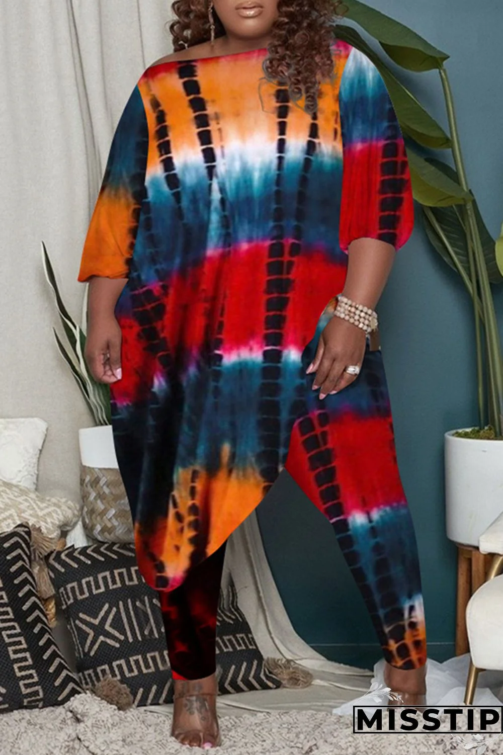 Orange Fashion Casual Tie Dye Asymmetrical O Neck Plus Size Two Pieces