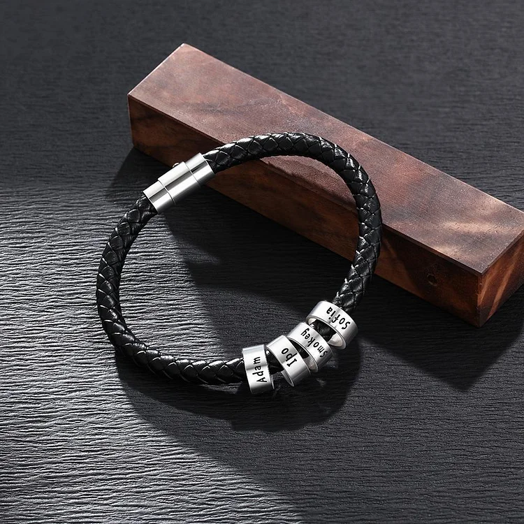 Bracelet Cuir tressé Prénom Personnalisé Bracelet Homme Avec 4 Perles