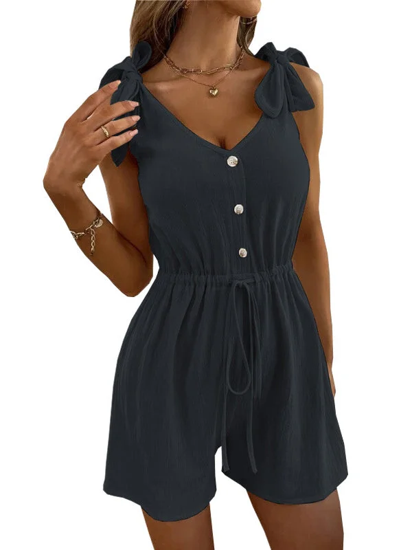 Women's Pure Color Sleeveless V Neck Button Romper