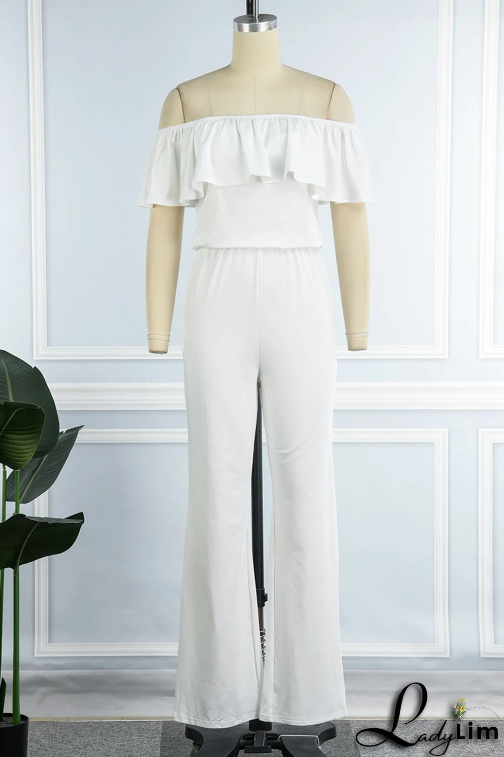 Grey Casual Solid Patchwork Flounce Off the Shoulder Straight Jumpsuits