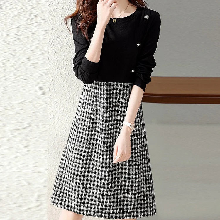 Black Checkered/plaid Paneled Casual Dresses QueenFunky