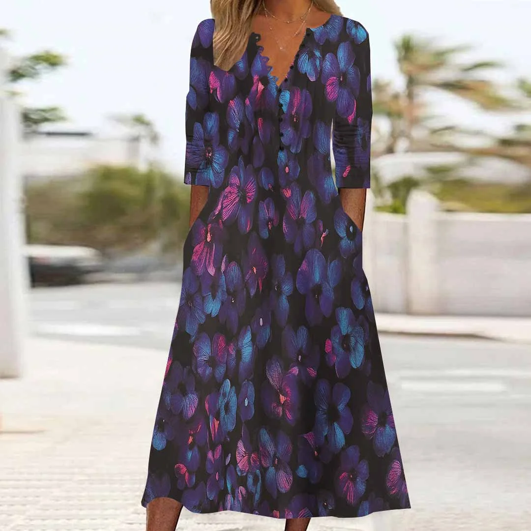 Women Floral,Blue DZHB8176 Long Sleeve V-Neck Graphic Printed Midi Dress