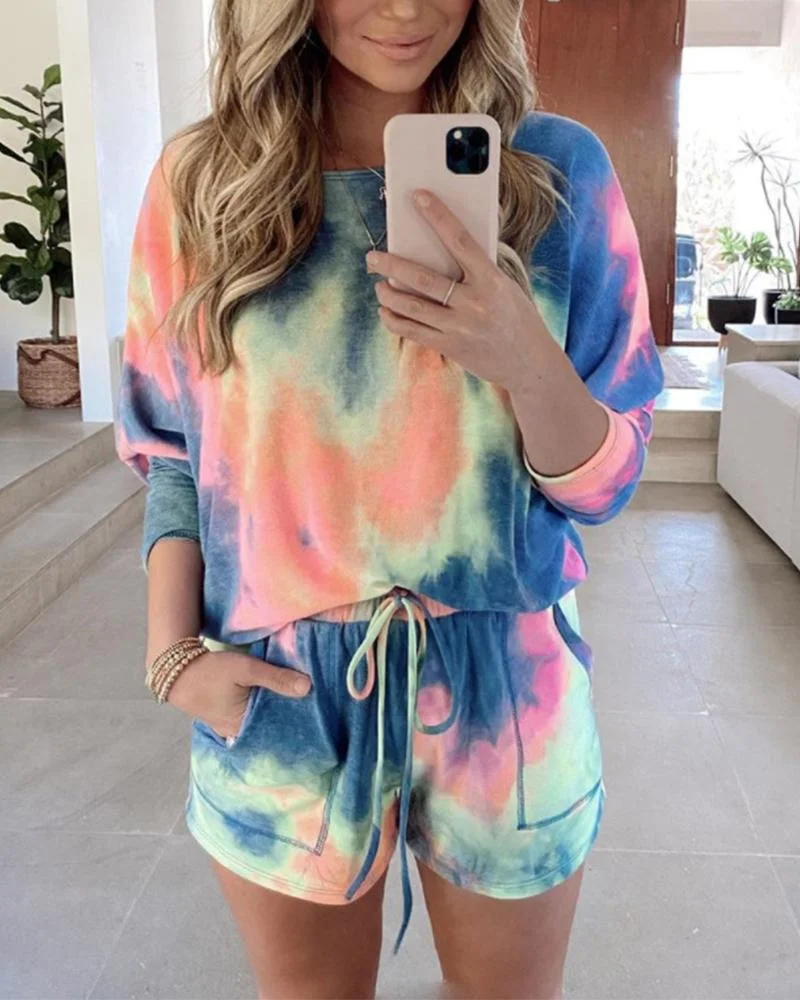 hirigin New Tie Dye Colorful 2Pieces Sets Women Tracksuits Casual Long Sleeve Pullovers Lace Up Shorts with Pockets Outfits