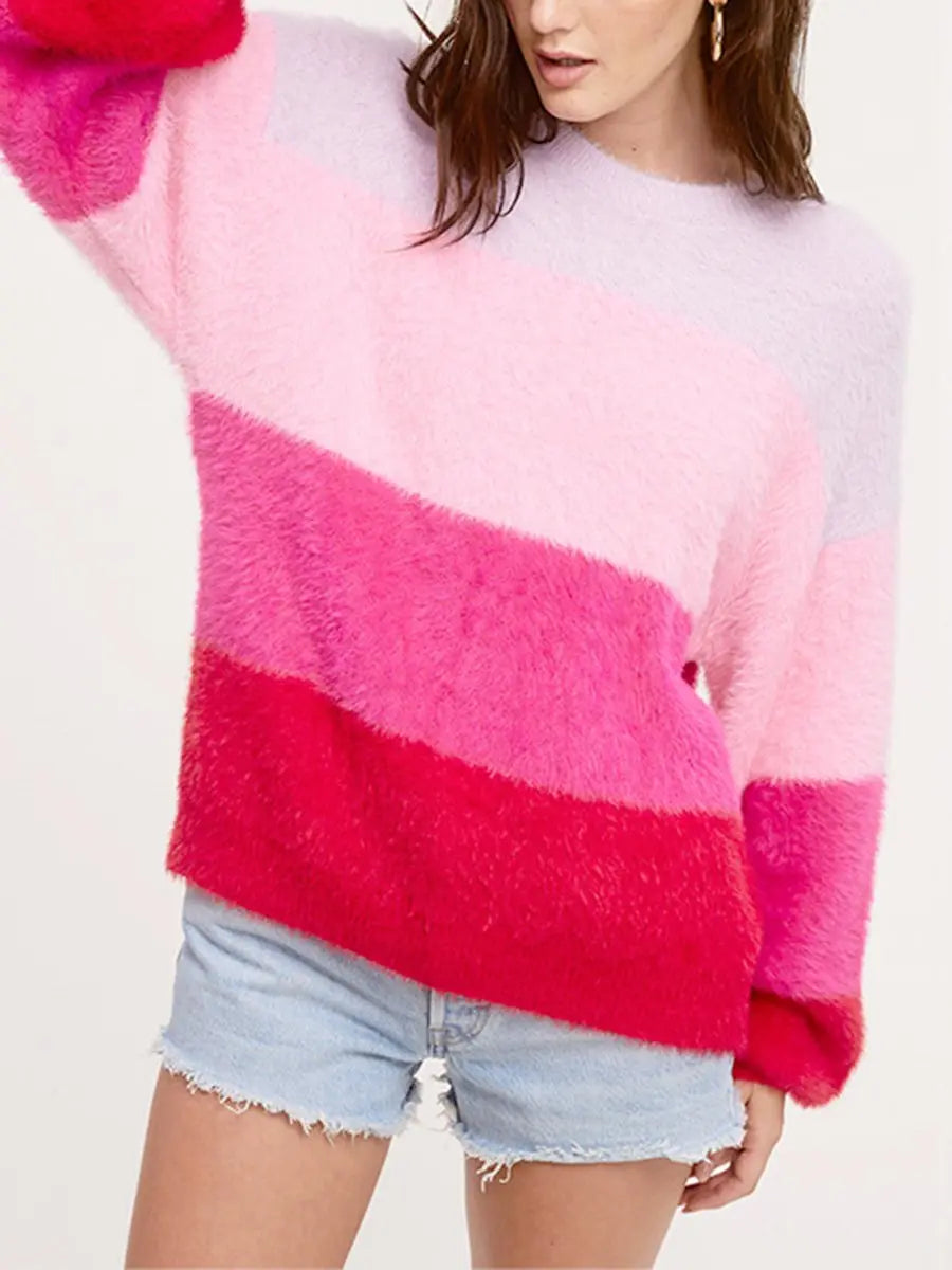 Round Neck Striped Lint Loose Sweater