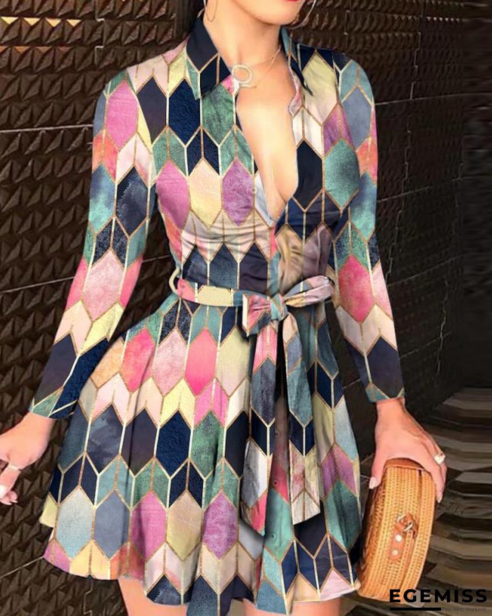 Autumn and Winter New Long Sleeve V-neck Bandage Fashion Sexy Printed Dress | EGEMISS