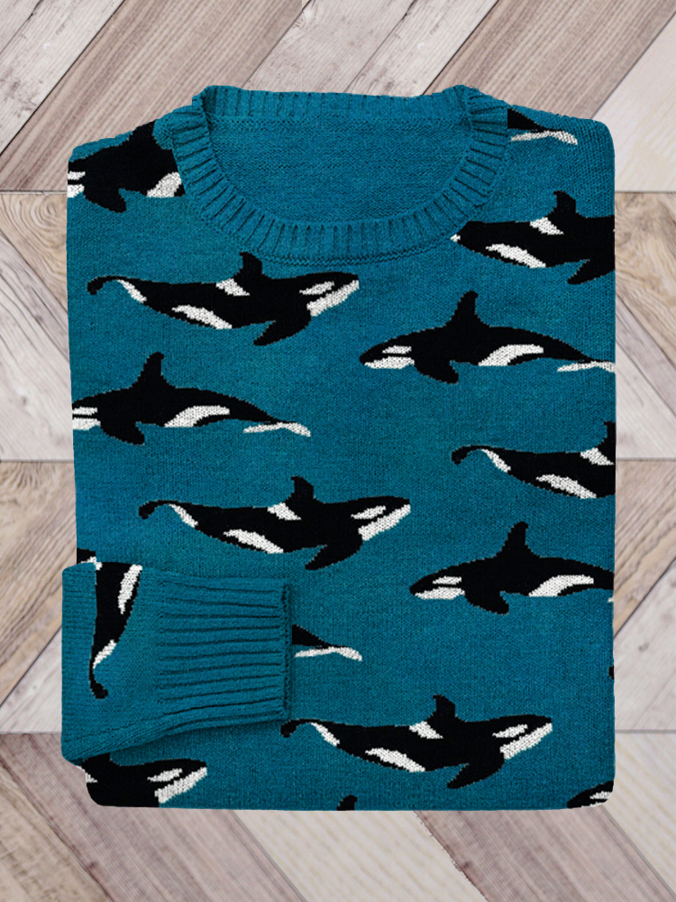 Ocean Whale Pattern Cozy Knit Sweater wearshes