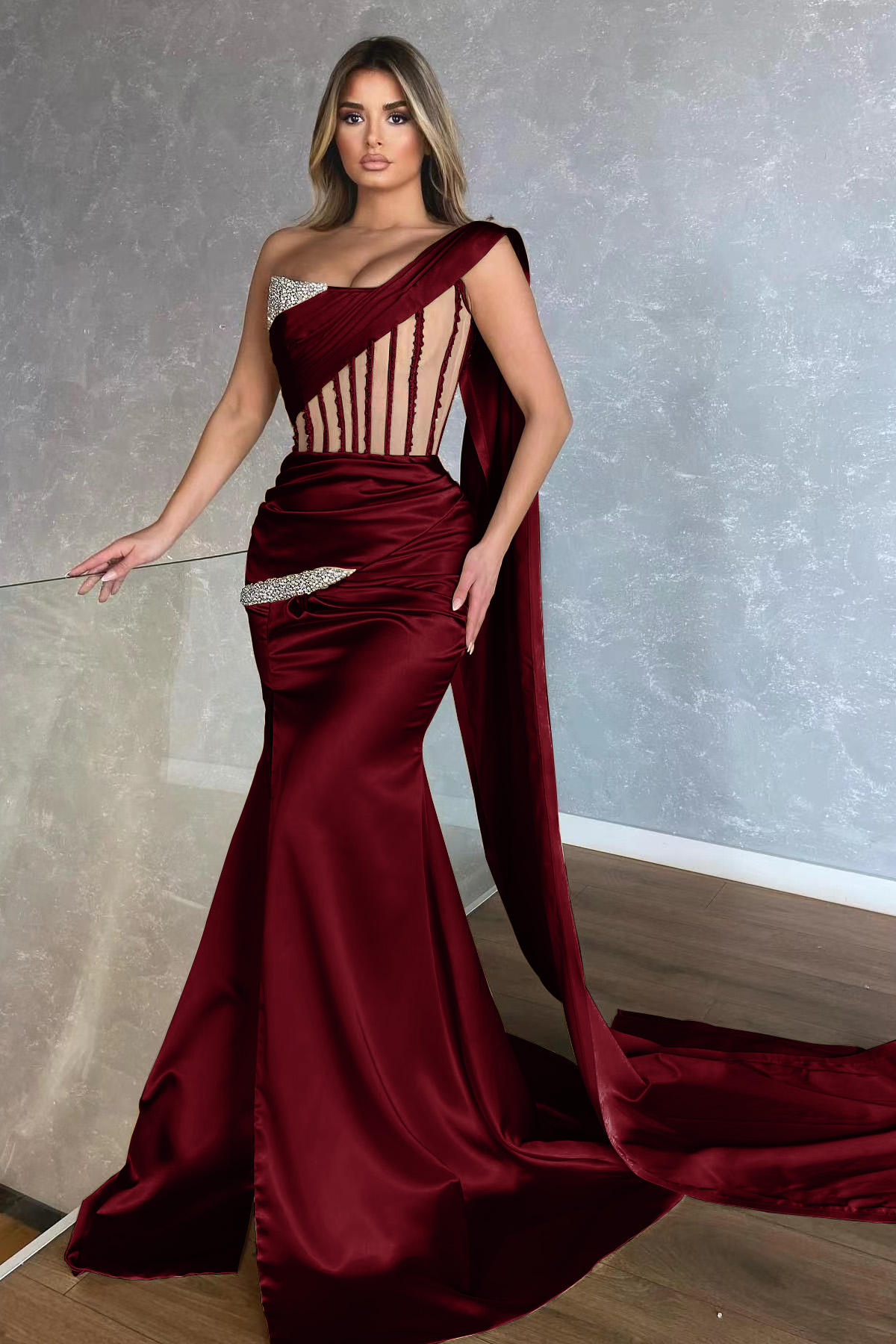 One-Shoulder Champagne Cutout Mermaid Long Formal Dress main image 1