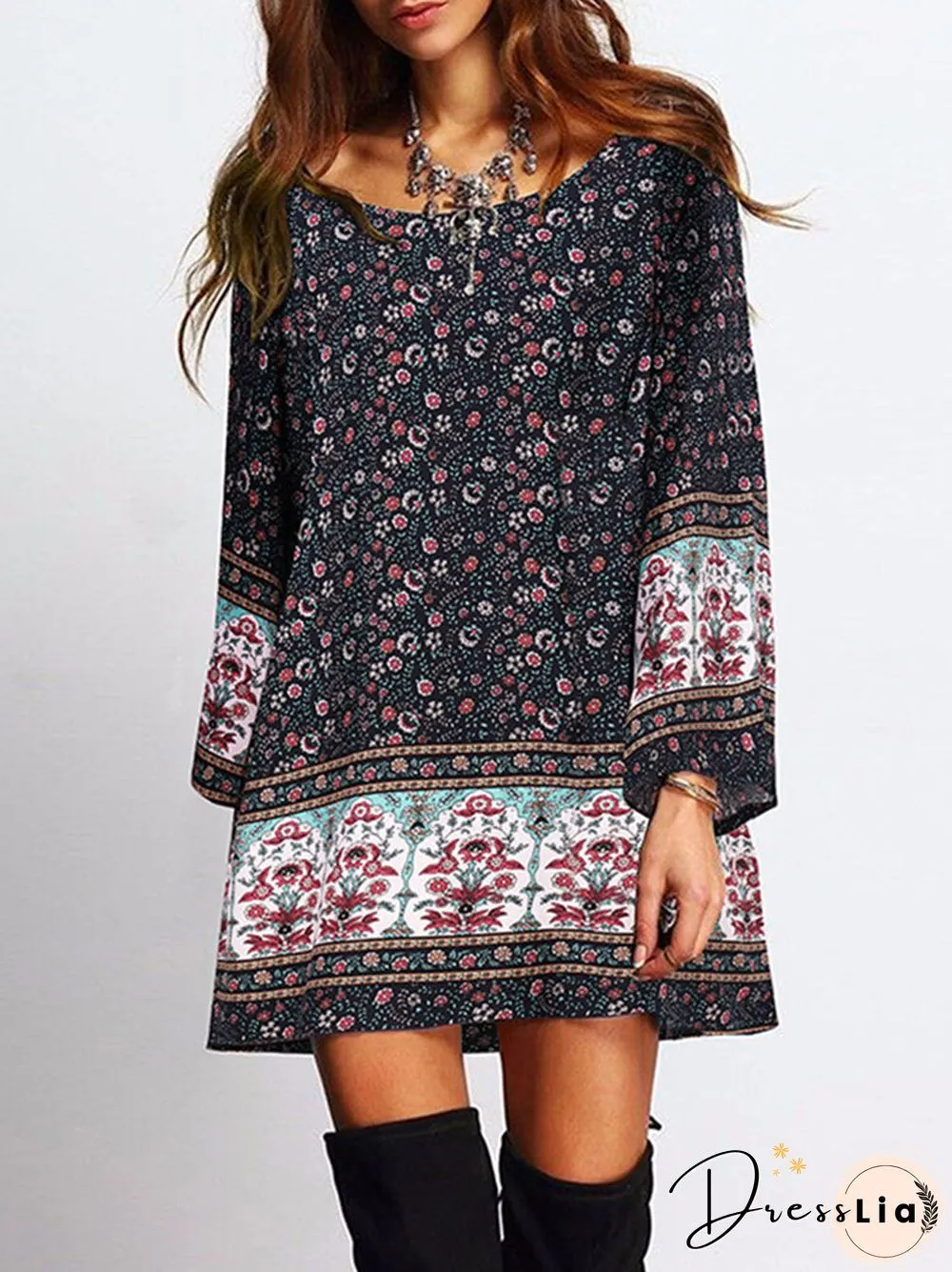 Floral Print Bohemian Long Sleeve Crew Neck Dress For Women