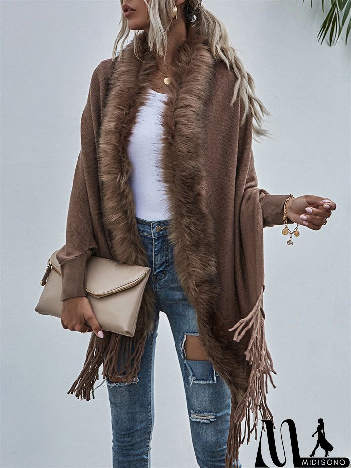 MidiSono - Elegant Lady Fur Collar Tassel Design Batwing Sleeve Cardigan Shawl Sweaters