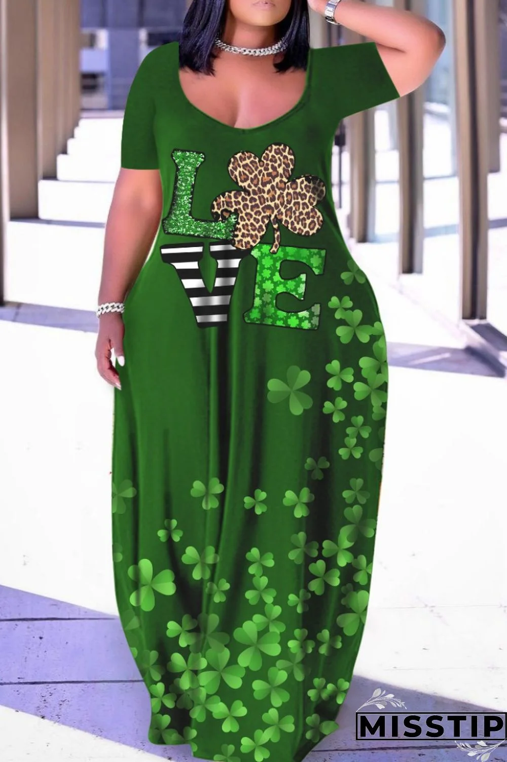 Dark Green Black Casual Print Basic V Neck Short Sleeve Dress Dresses