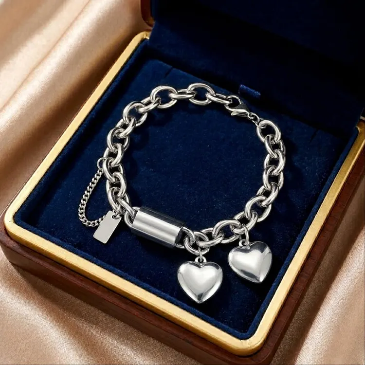 Chunky Heart Charm Bracelet for Women | Gold and Silver Link Chain with Toggle Clasp | Tarnish-Free Stainless Steel Jewelry | The Amour Bracelet by Kouvr