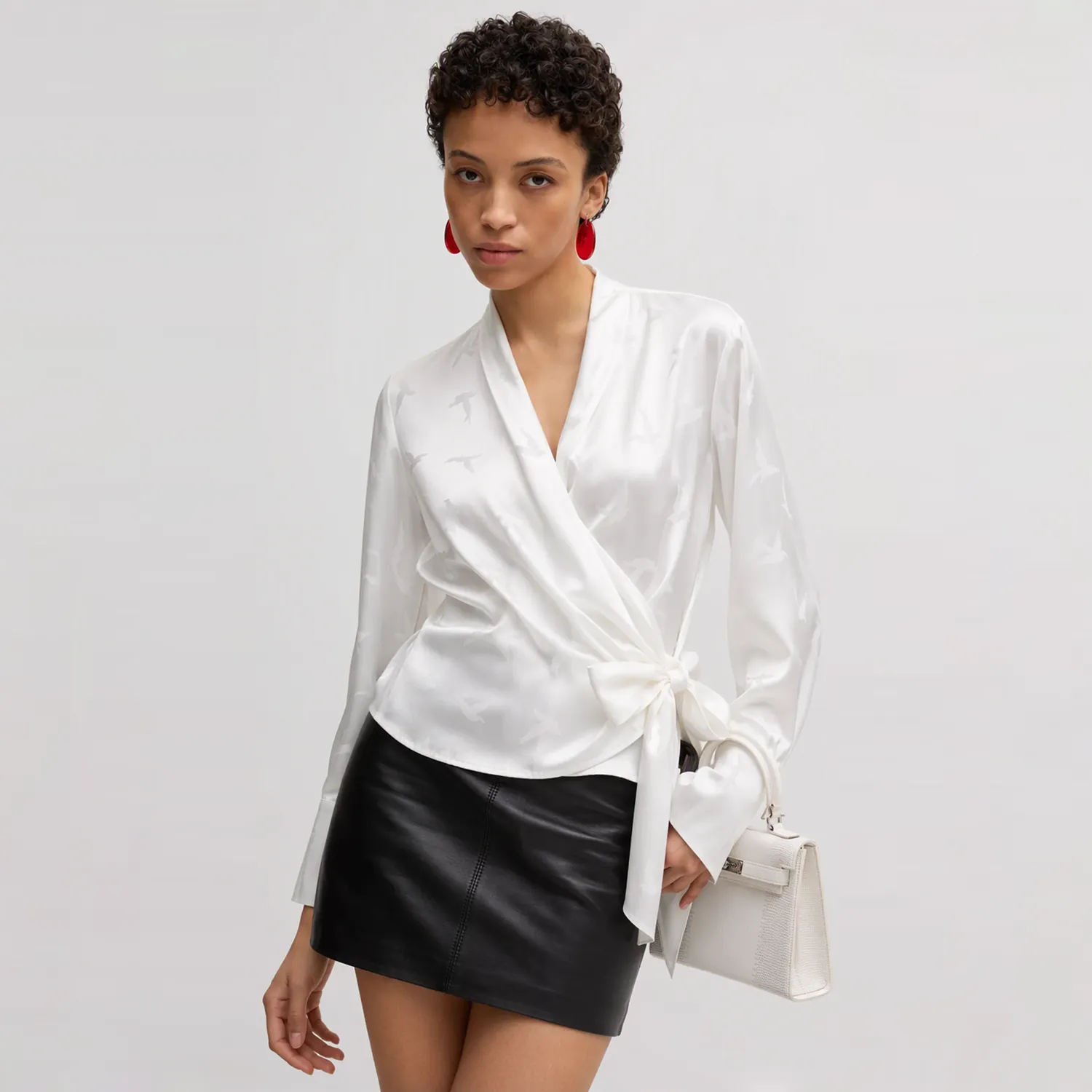 Women's Mulberry Silk Blouse Wrap Fit Tie-Waist Long Sleeve REAL SILK LIFE