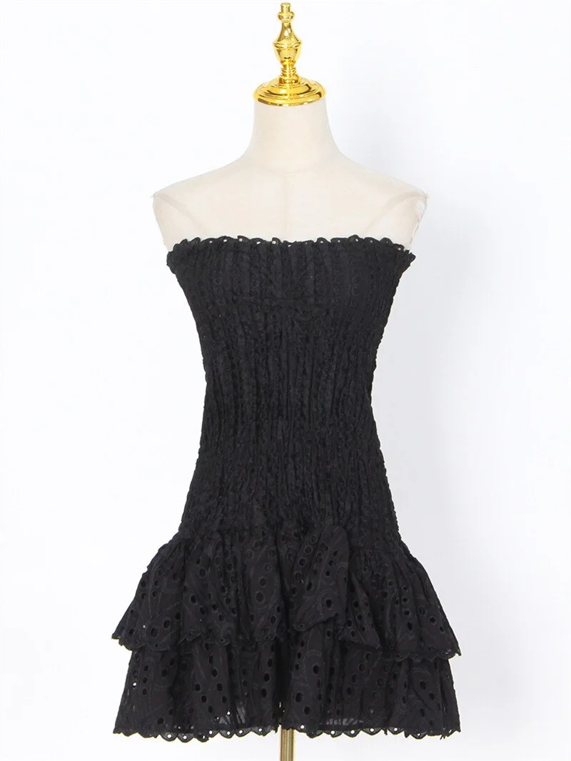 Stapless Women Dress Fashion Embroidery Hollow Out Mini Summer Vestidos Ruffles Party Wear Slim Ladies Dresses