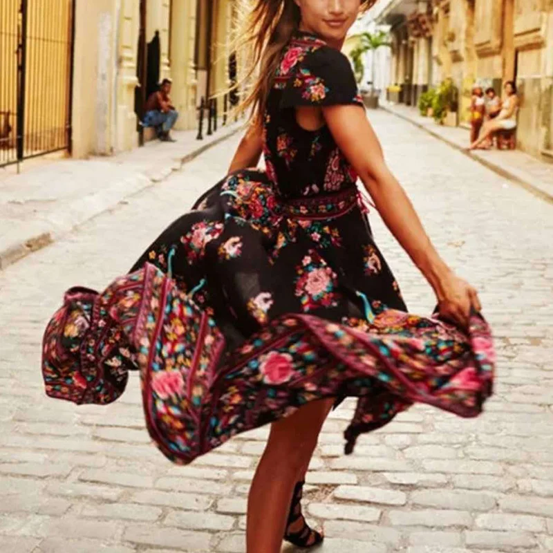 Floral Print Short Sleeves Vacation Maxi Dresses
