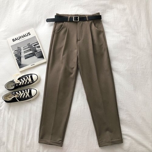 Woherb Gray Pants Woman with Belt High Waist Elegant Straight Leg Pants Office Lady Business Chic Baggy Trousers Woman Clothes