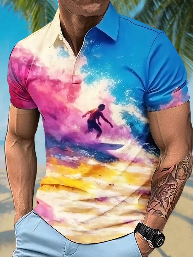 Men's Tie Dye Surfing Hawaii Vacation Leisure Print Short Sleeve Polo Shirt