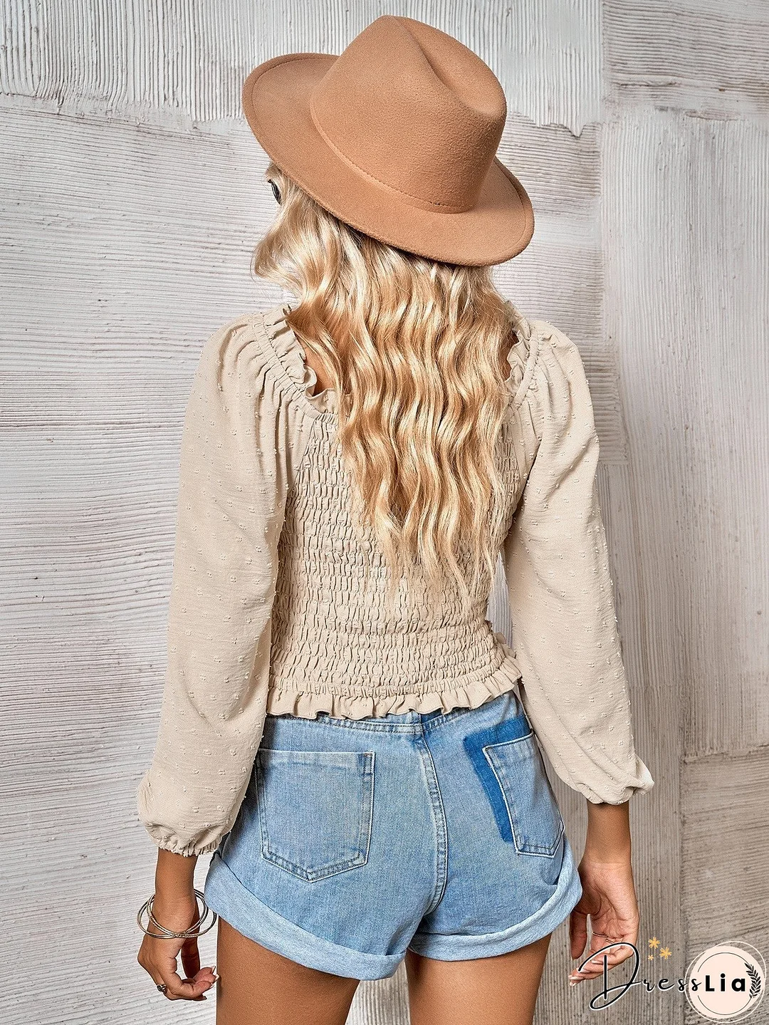 Swiss Dot Smocked Frill Trim Blouse