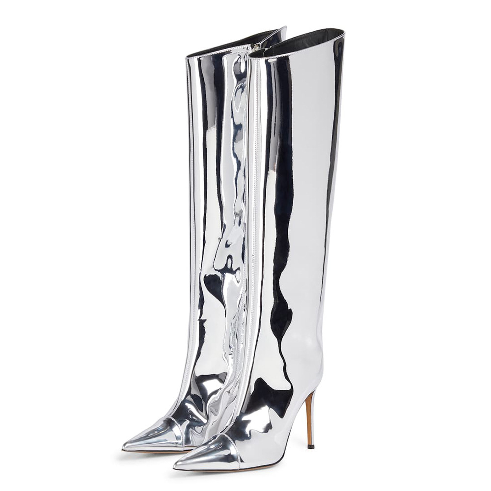 Women's Sexy Gorgeous Shiny Metallic Knee-high Boots Stiletto Zipper Closure Pointed Toe Prom Event Boots  Novameme