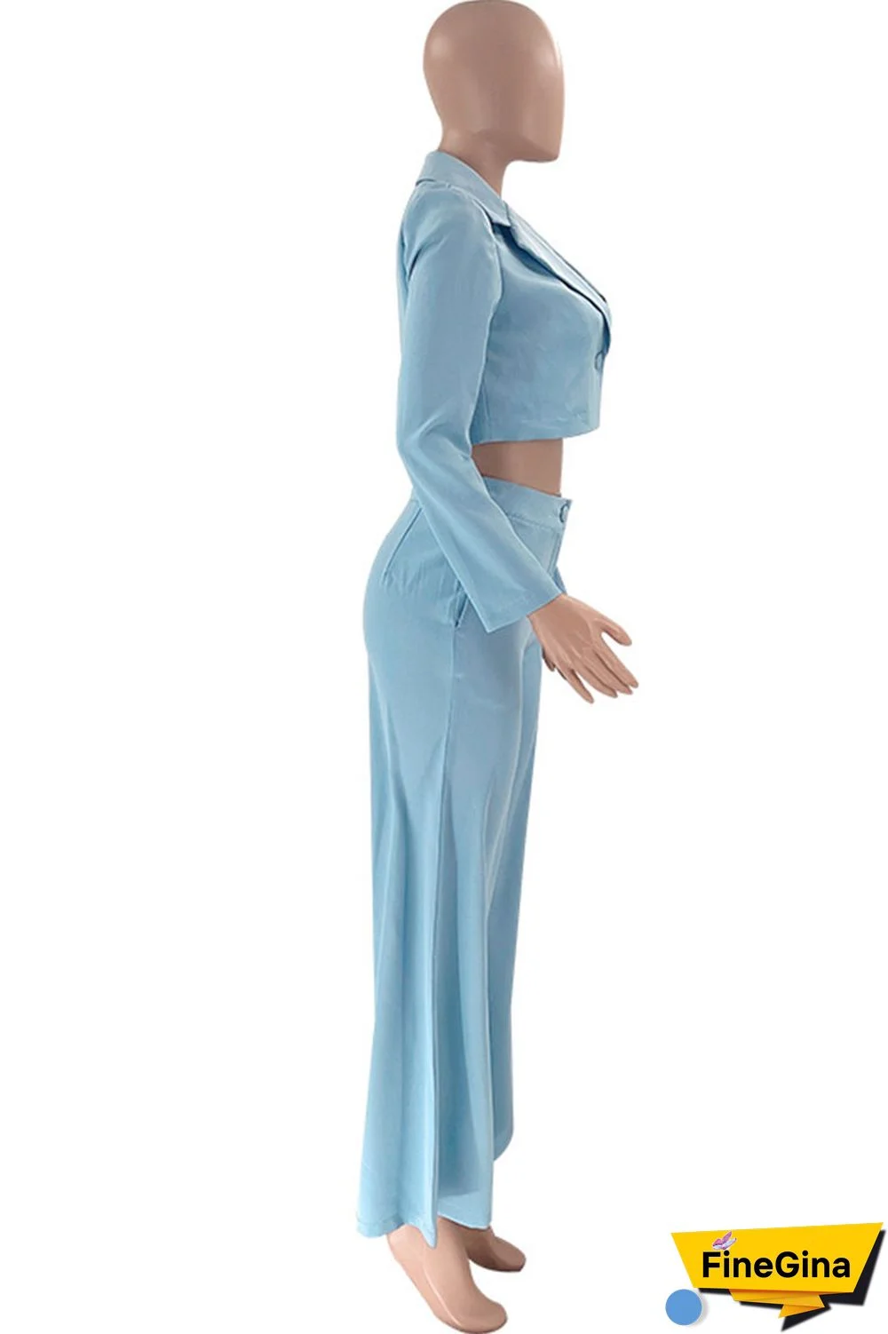 Cyan Casual Solid Patchwork Buttons V Neck Long Sleeve Two Pieces