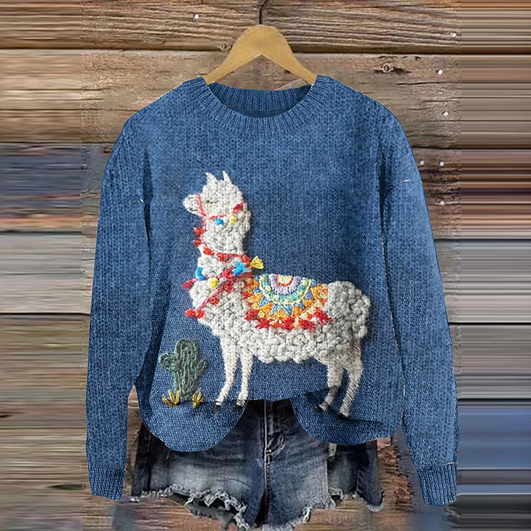 VChics Alpaca Print Knitted Pullover Sweater