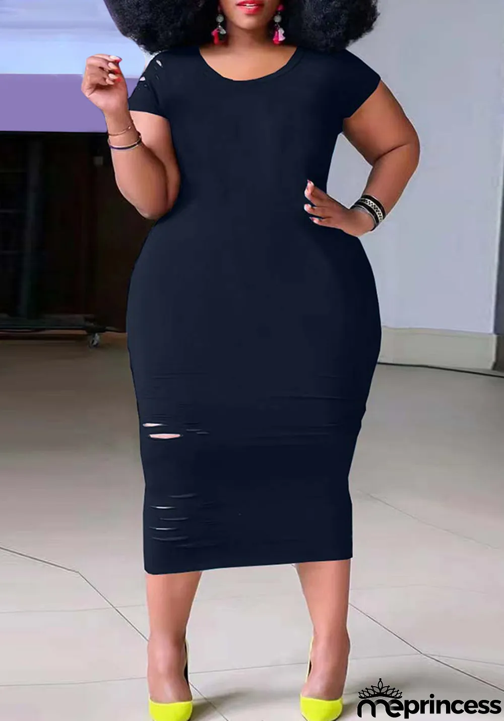 Women'S Casual Plus Size Round Neck Short Sleeve Black Dress