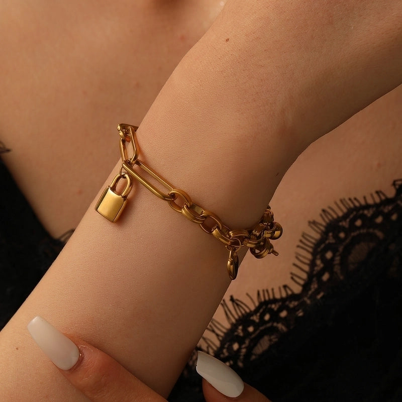 Elegant Heart Shape Key Lock Titanium Steel 18K Gold Plated Paperclip Chain Belcher Chain Bracelets In Bulk