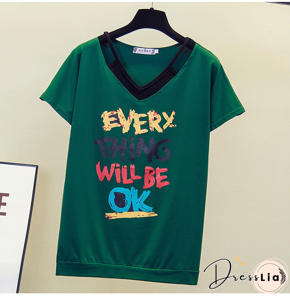 Print V- Neck T Shirt Women T-Shirt Cotton Summer Short Sleeve Woman Clothes Womens Tops Korean Style Tee Shirt Femme