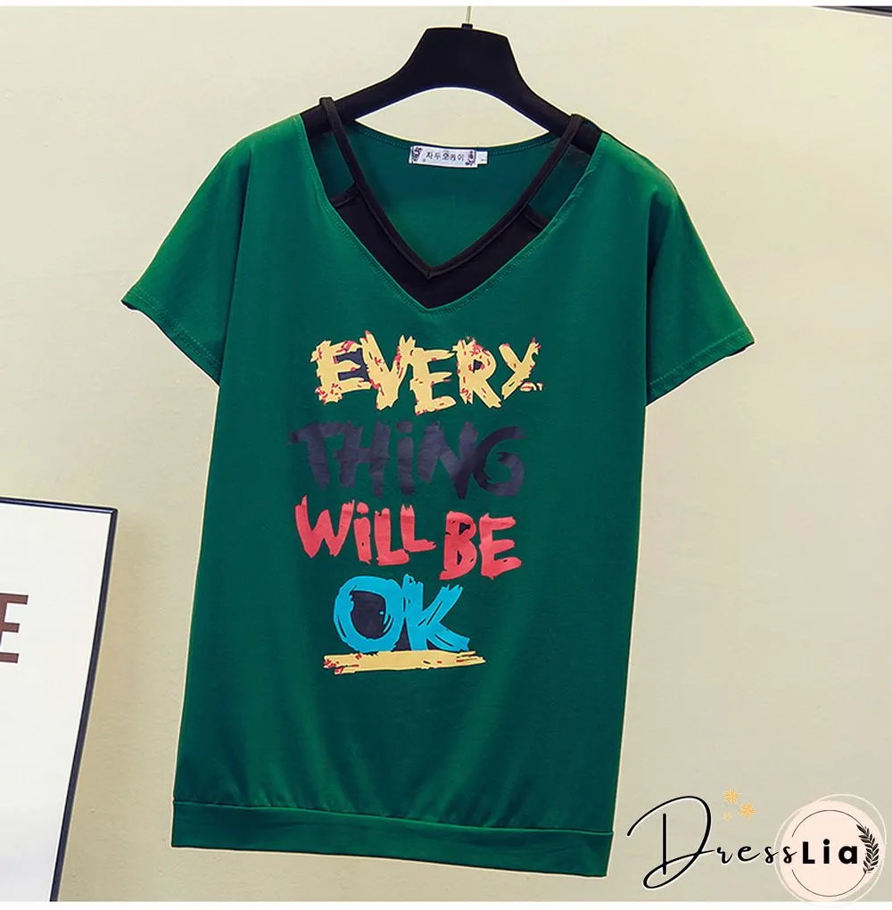 Print V- Neck T Shirt Women T-Shirt Cotton Summer Short Sleeve Woman Clothes Womens Tops Korean Style Tee Shirt Femme
