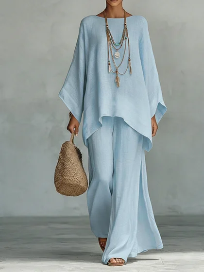 Women's Comfortable. Loose-fitting Linen And Cotton Top And Wide-leg Pants Two-piece Set.