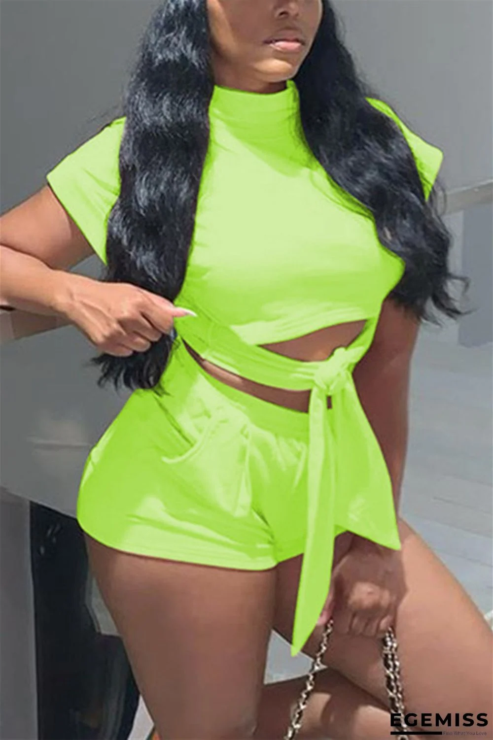 Fluorescent green Blends Street Solid Straight Short Sleeve Two Pieces | EGEMISS