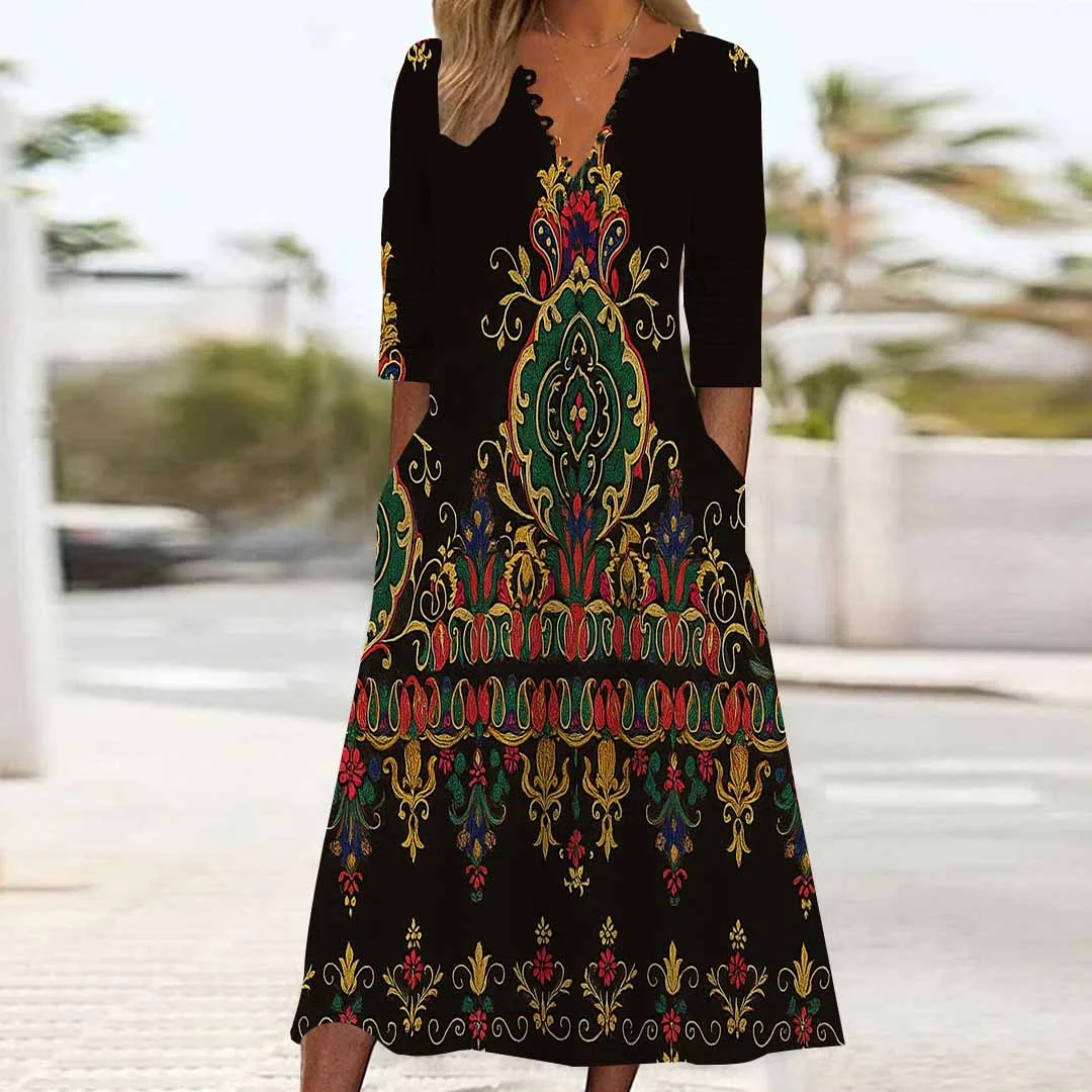 Women Graphic,Black DZHB8175 Long Sleeve V-Neck Graphic Printed Midi Dress