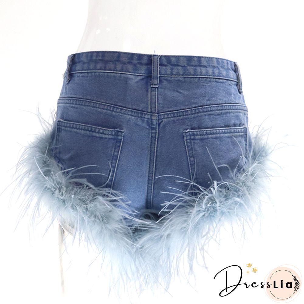 High Waist Feather Fur Patchwork Denim Shorts