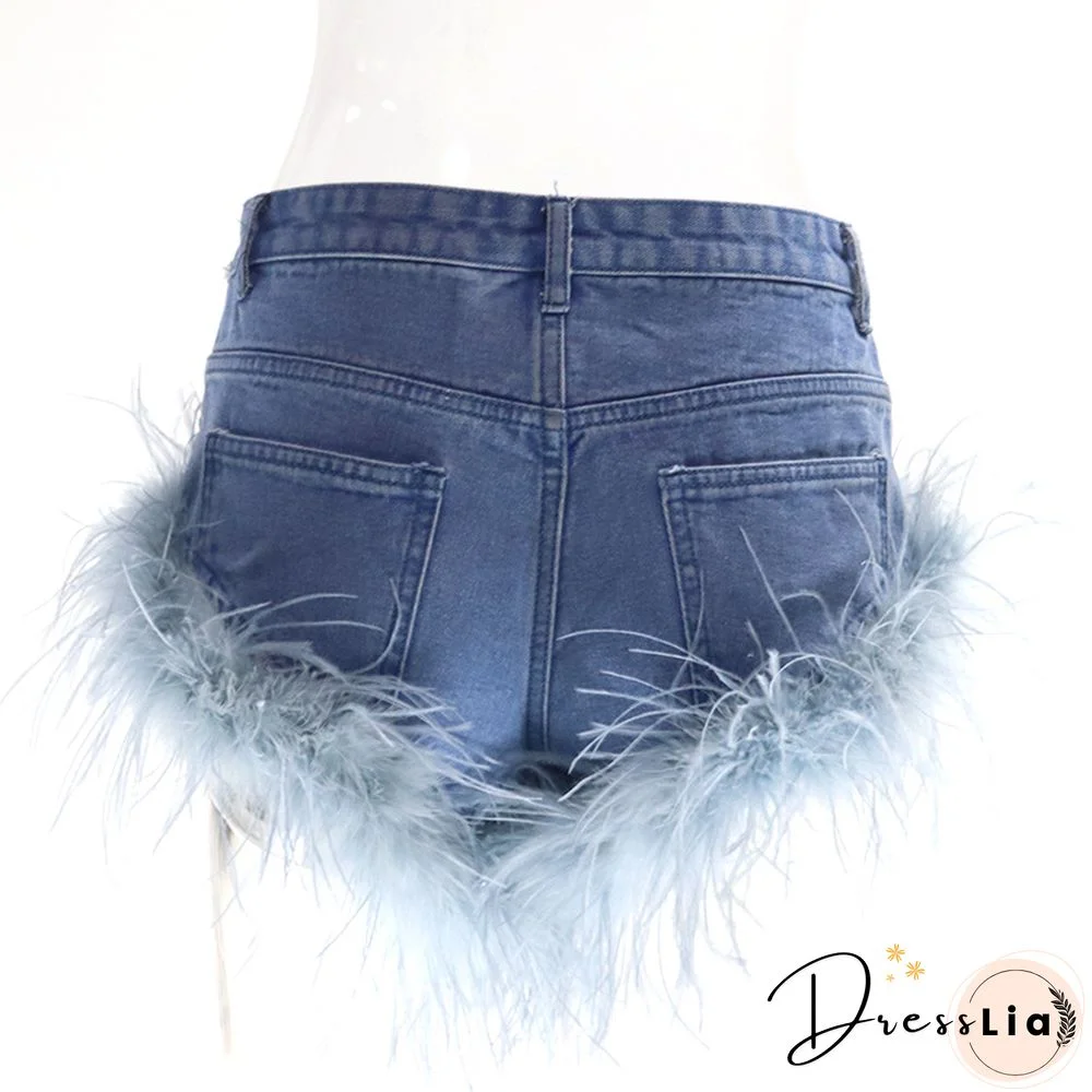 High Waist Feather Fur Patchwork Denim Shorts