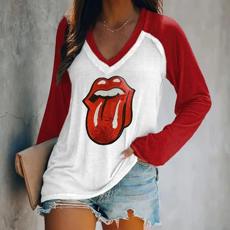 Retro Red Lip Sequin Contrast T-Shirt