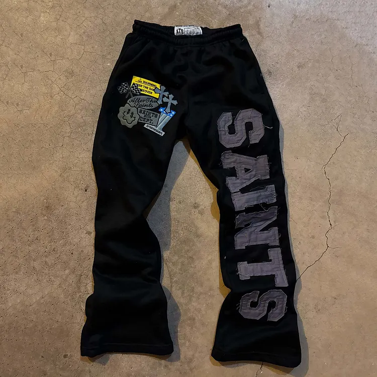 American Street Style Retro Letter Embroidery Patchwork Athletic Sweatpants