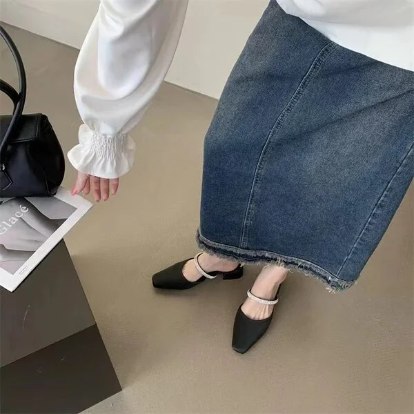 Zhungei Shoes Shallow Pointed Toe Mules For Women 2024 Thin Heels Slippers Soft Beige Heeled Sandals Slides Fashion New Comfort H