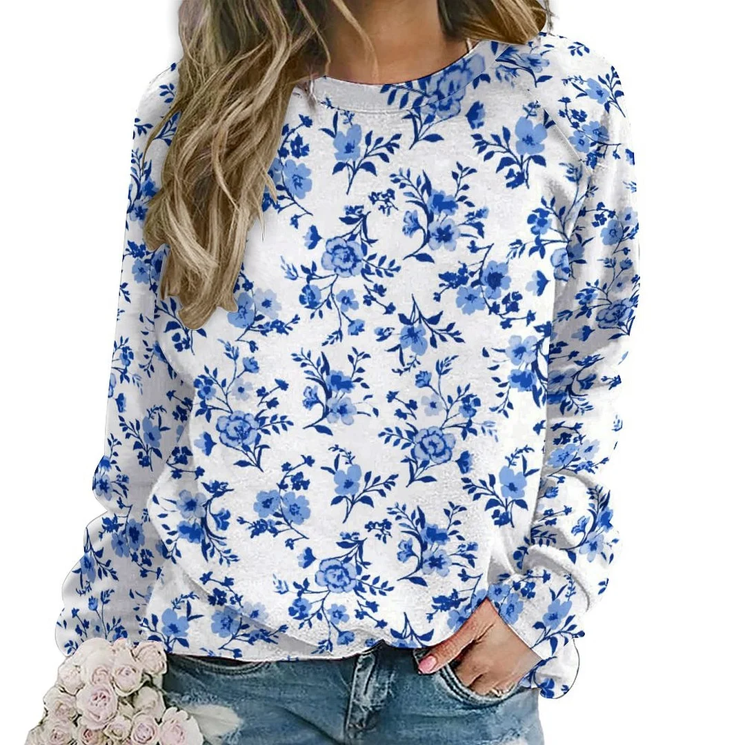Printed Long Sleeve Casual Sweatshirt for  Women and Men Unisex Pattern Floral, Blue