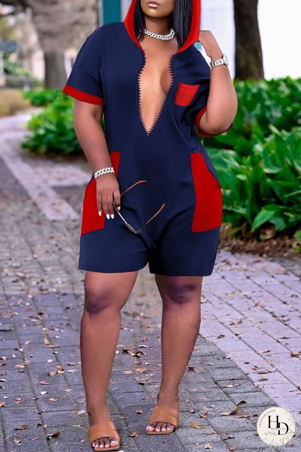 Tibetan Blue Fashion Casual Solid Split Joint Pocket Hooded Collar Plus Size Romper