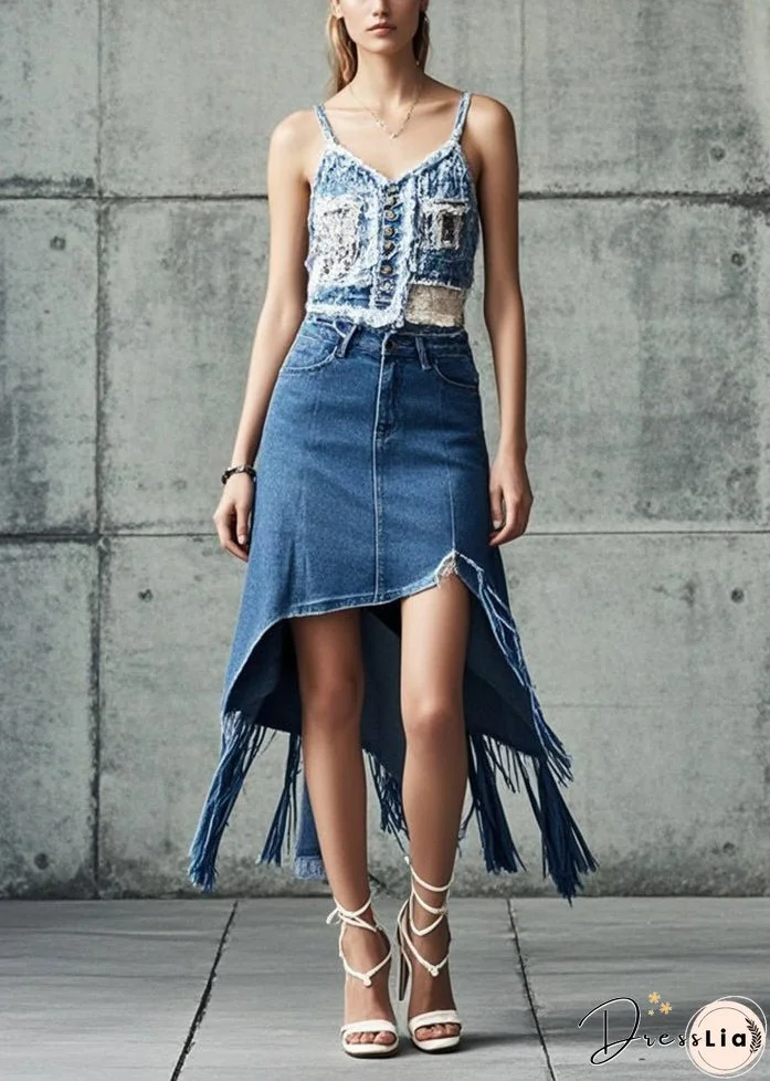 Style Blue Tasseled Asymmetrical Design Denim Skirt Fall