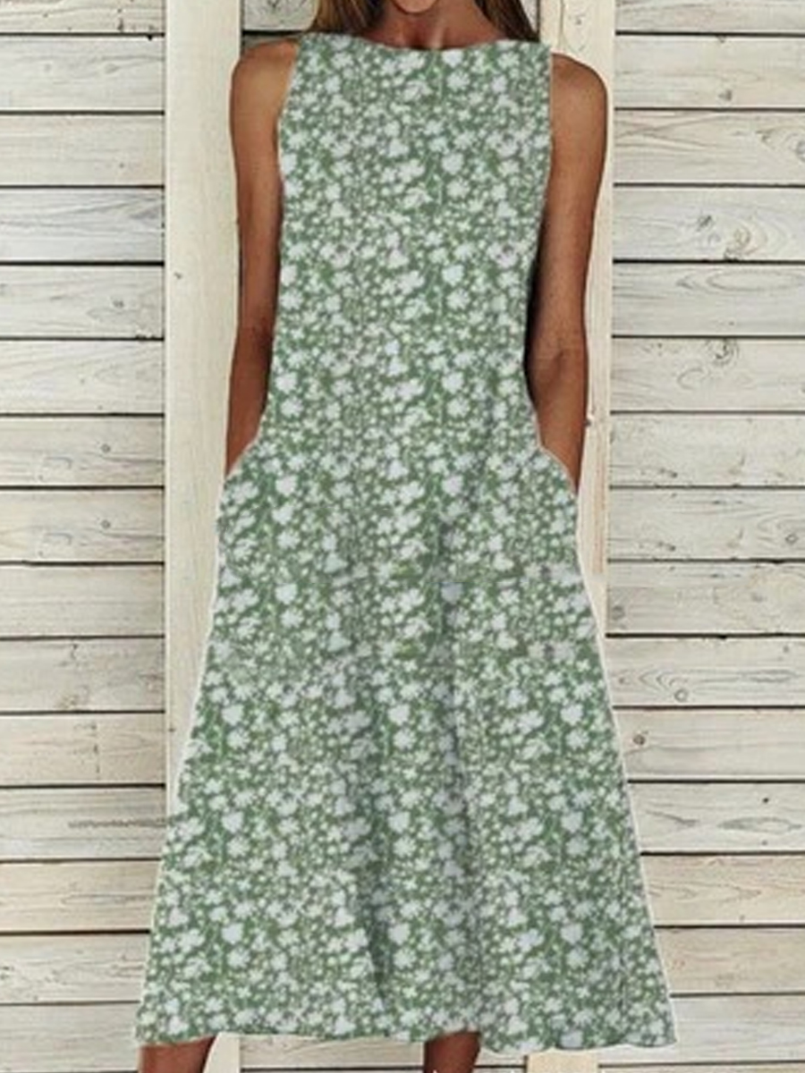 Casual Loose Floral Print Crew Neck Sleeveless Maxi Dress - SissiStyles.com