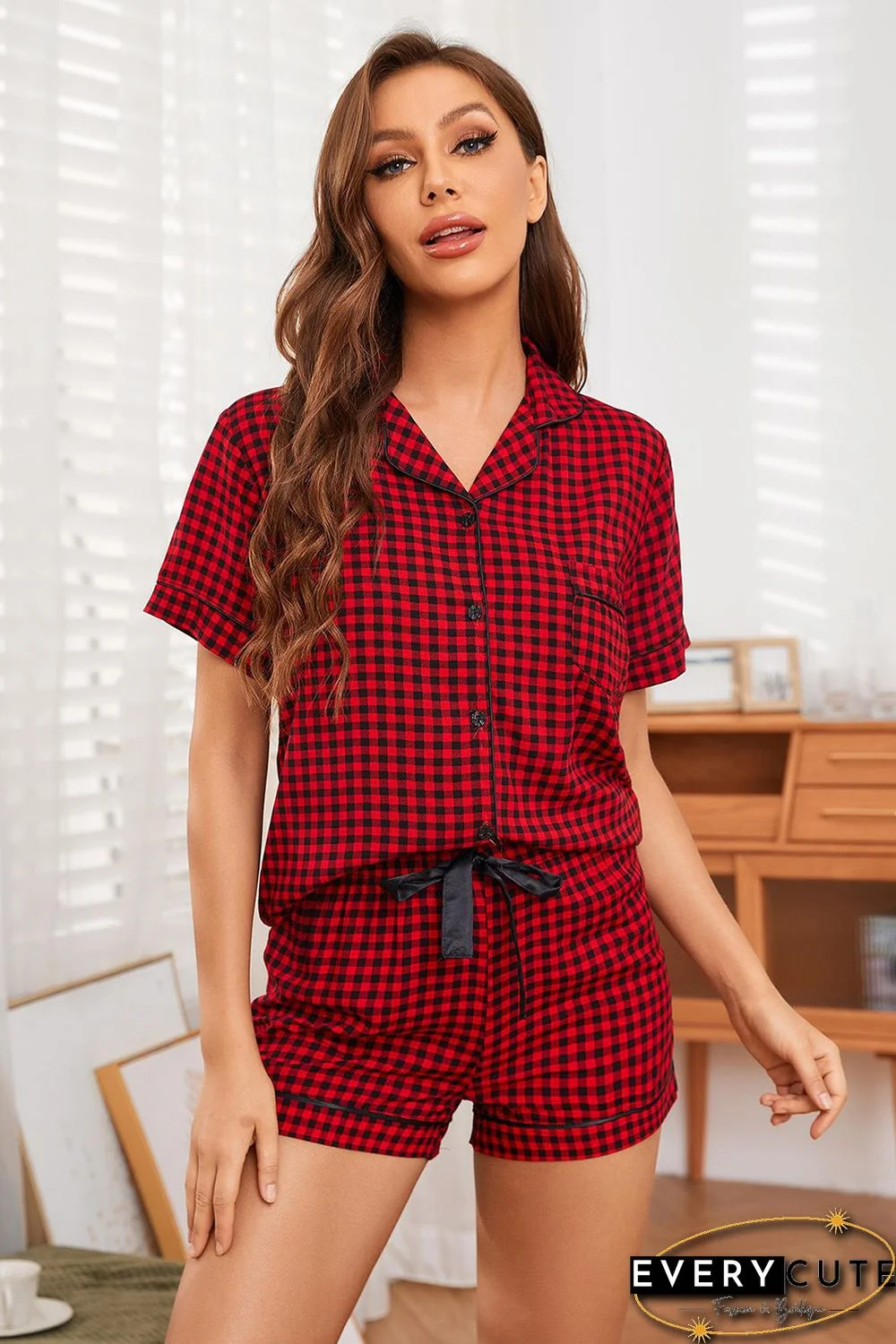 Red Plaid Short Sleeve Shirt and Drawstring Shorts Lounge Set