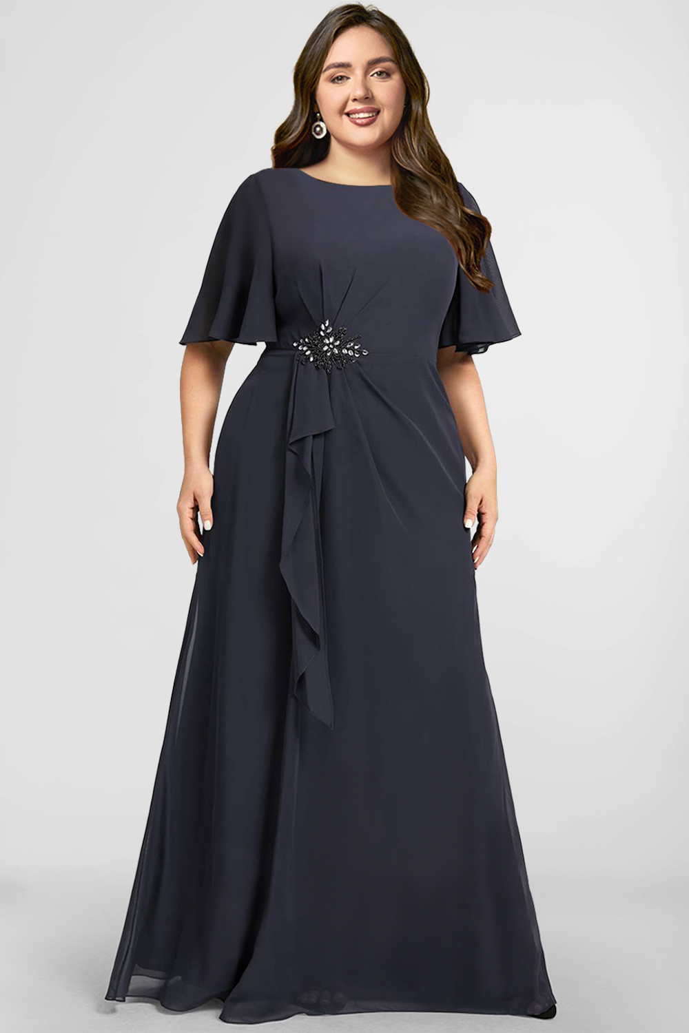 Flycurvy Plus Size Wedding Guest Navy Blue Chiffon Flutter Sleeve Tunic Maxi Dress