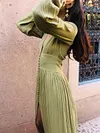 Fashion Split-Front Solid Color Buttoned Pleated Flared Sleeves V-Neck Maxi Dress