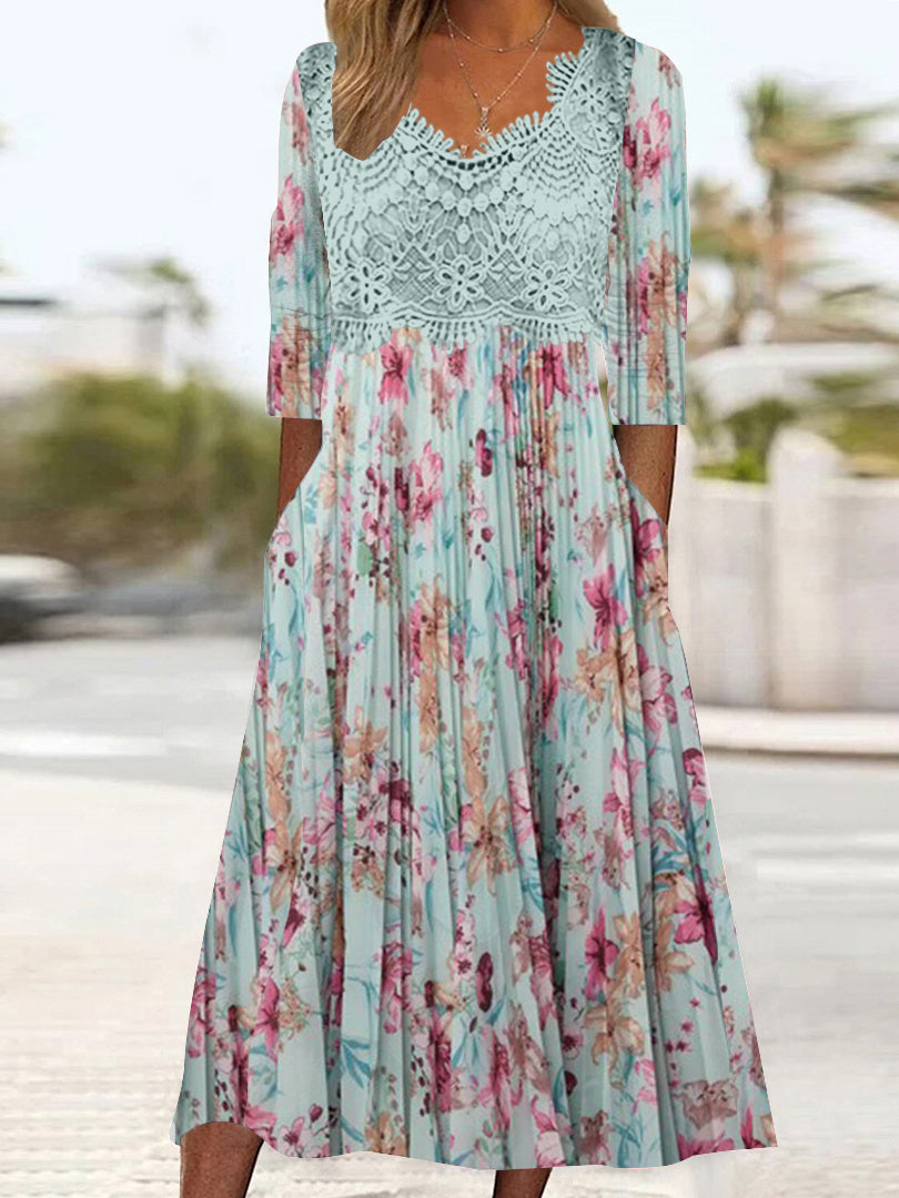 Women's Long Sleeve V-neck Graphic Floral Printed Lace Midi Dress