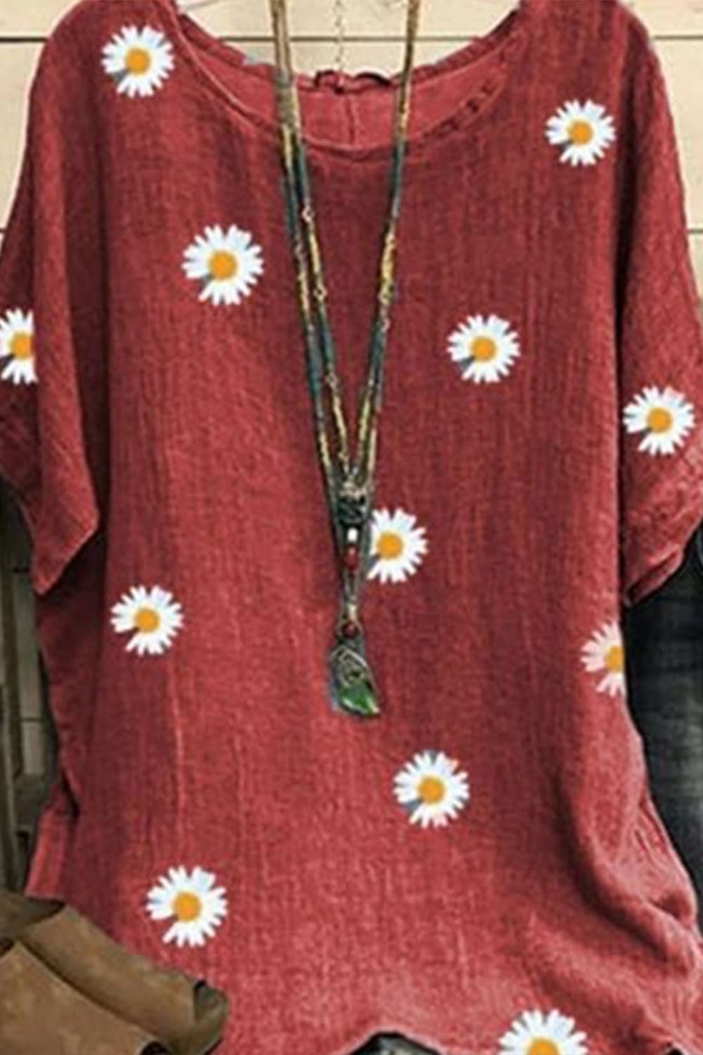 Plus Size Everyday Green Daisy Print Round Neck T-Shirt 2024 - Flycurvy 