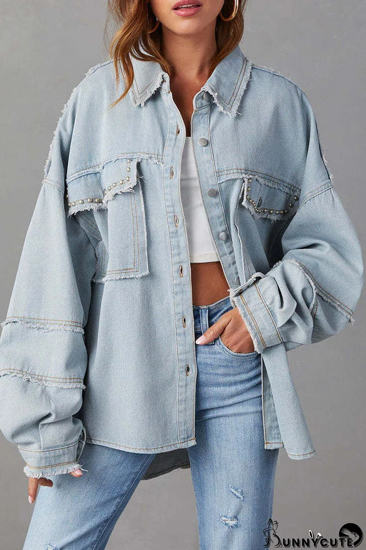 Casual Solid Patchwork Turndown Collar Long Sleeve Regular Denim Jacket